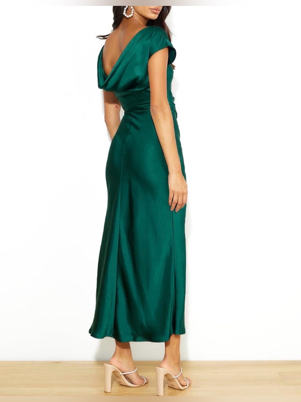 Emerald Green Satin Cap Sleeve Cowl Back Dress for Women - Picture 2 of 7